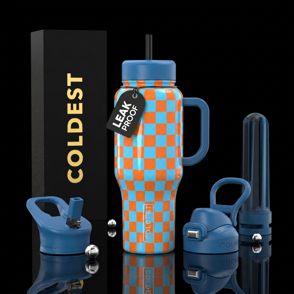 Sky blue, orange checkered water bottle design