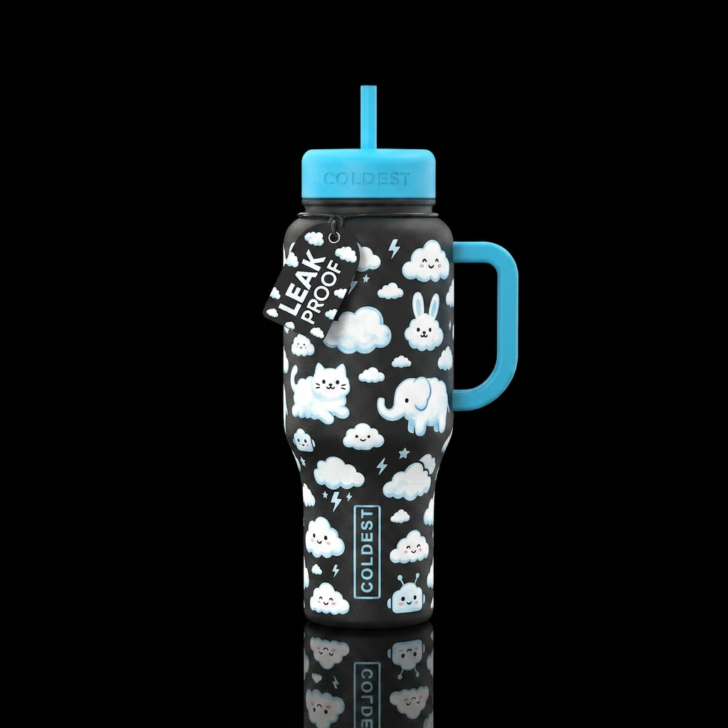 White fluffy clouds in different shapes/animals/fa... water bottle design
