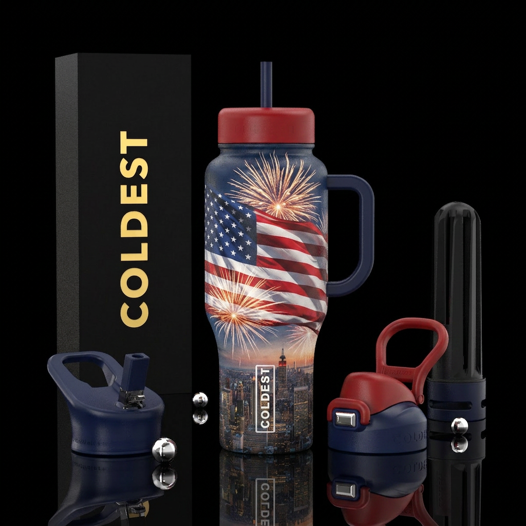American flag waving in the wind over the city  fi... water bottle design