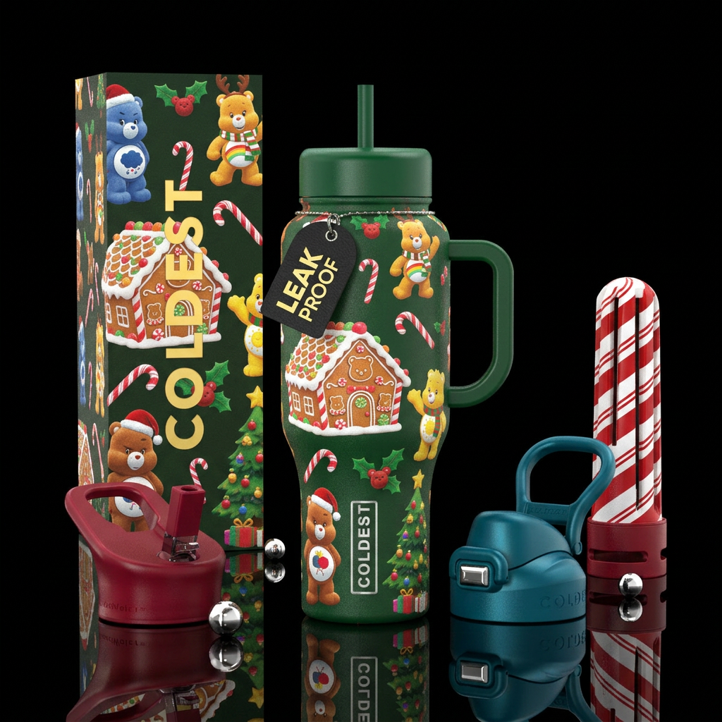 Care Bears Christmas water bottle design