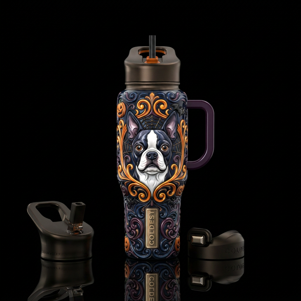 A 3D embossed glossy tumbler wrap featuring a Bost... water bottle design