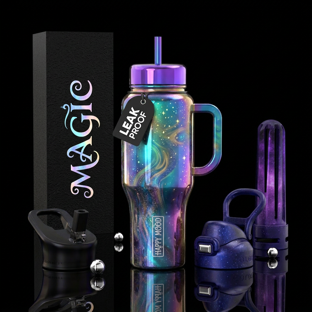 magical, happy mood, glossy, beautiful, vibrant co... water bottle design