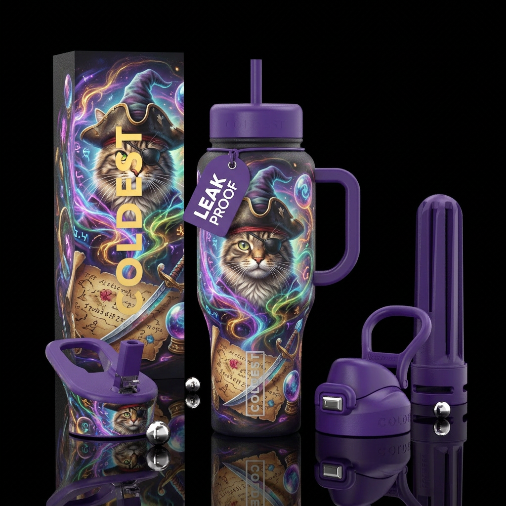 Cat: part wizard part pirate her  magic not sure w... water bottle design