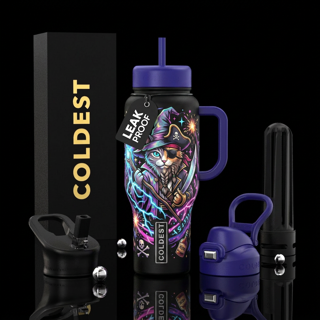 Cat: part wizard part pirate her  magic not sure w... water bottle design