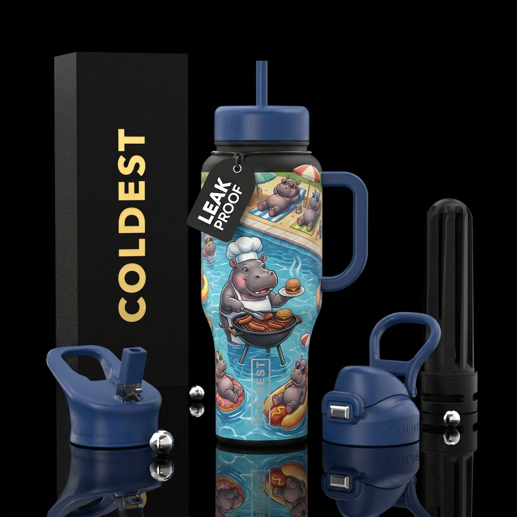 Baby hippos having a pool party float on wraps gri... water bottle design