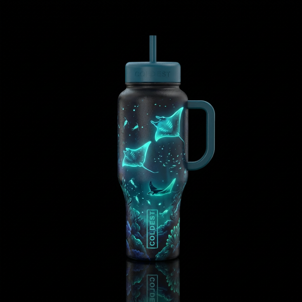 Night swim with Manta rays that glow water bottle design