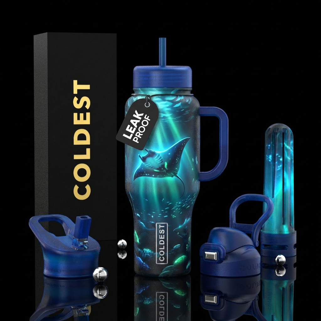 Night swim with Manta ray that glow water bottle design