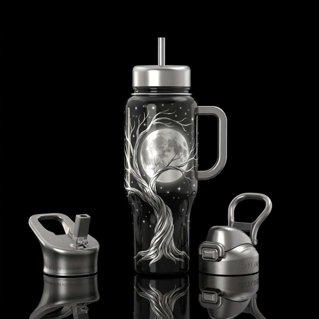 Black bottle with twisted tree of life with no lea... water bottle design