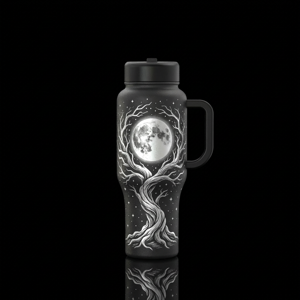 Black bottle with twisted tree of life with no lea... water bottle design