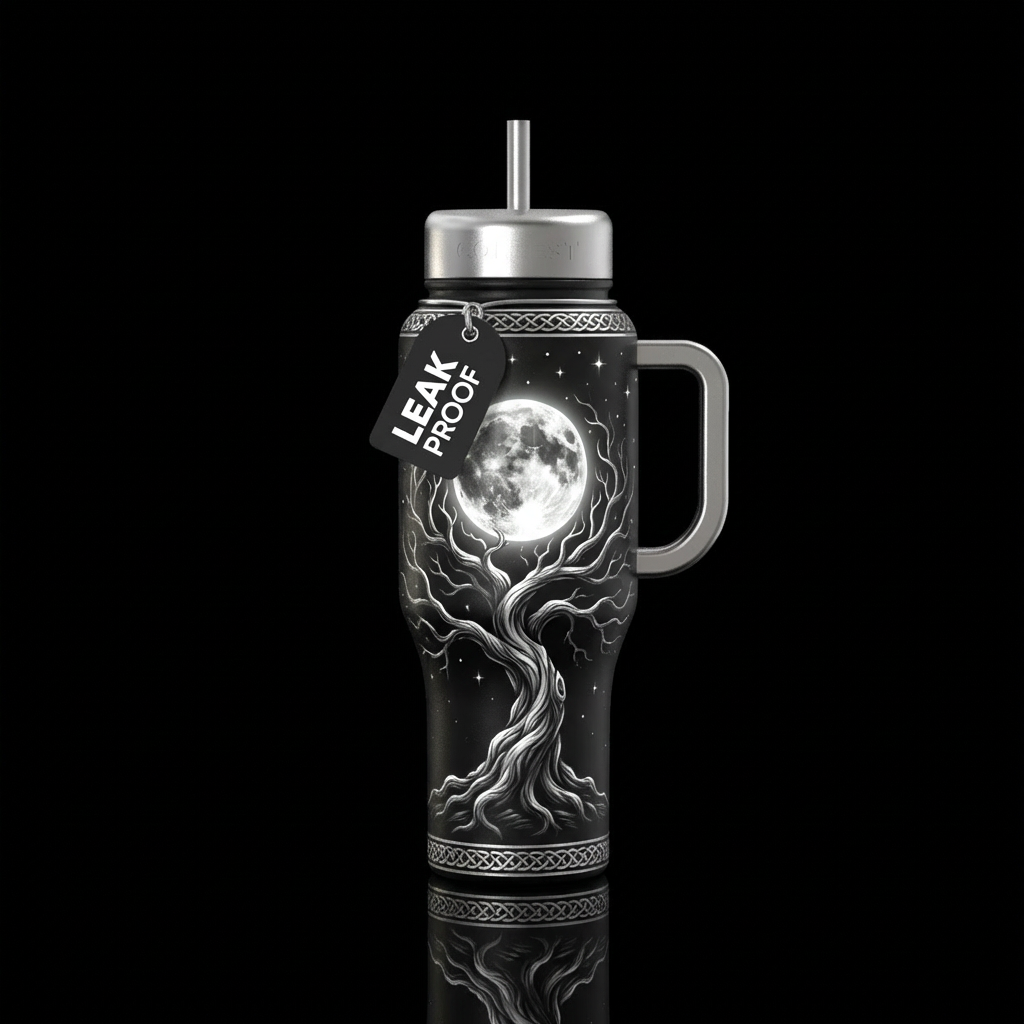 Black bottle with twisted tree of life with no lea... water bottle design