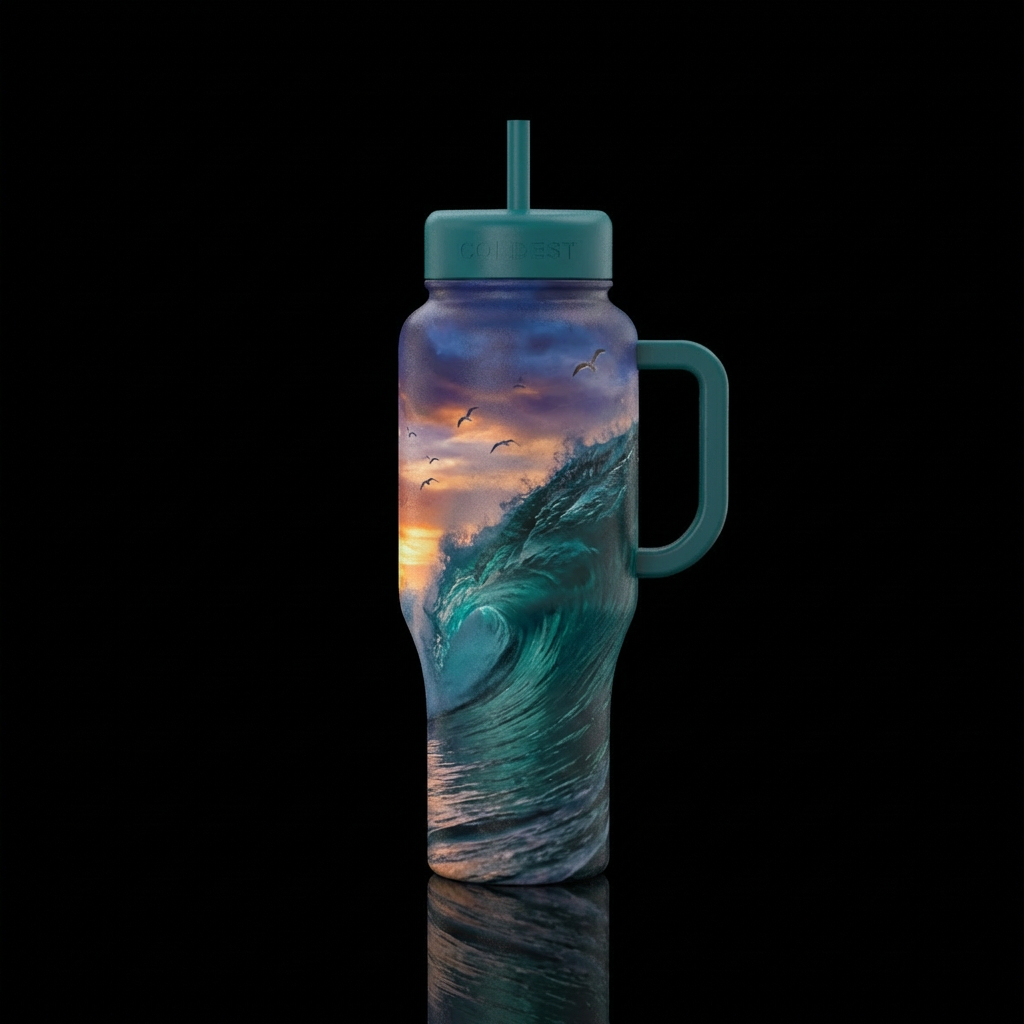 Large ocean Wave lapping the beach with sea gulls ... water bottle design