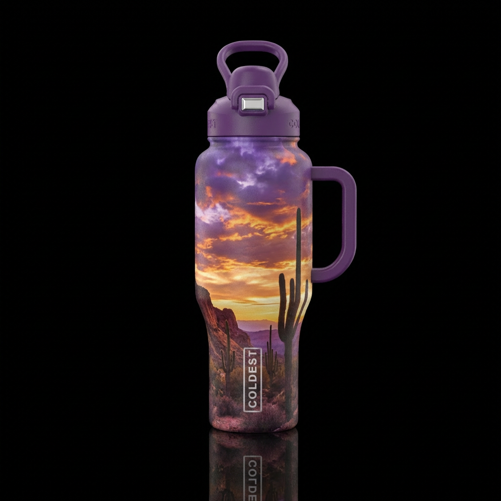 Desert sunset with desert canyon and cactus  and c... water bottle design