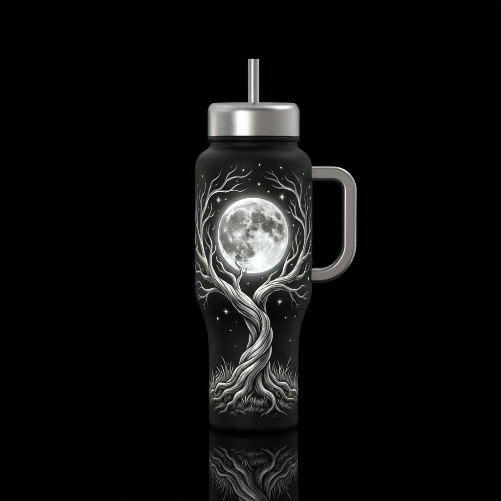 Black bottle with twisted tree of life with no lea... water bottle design