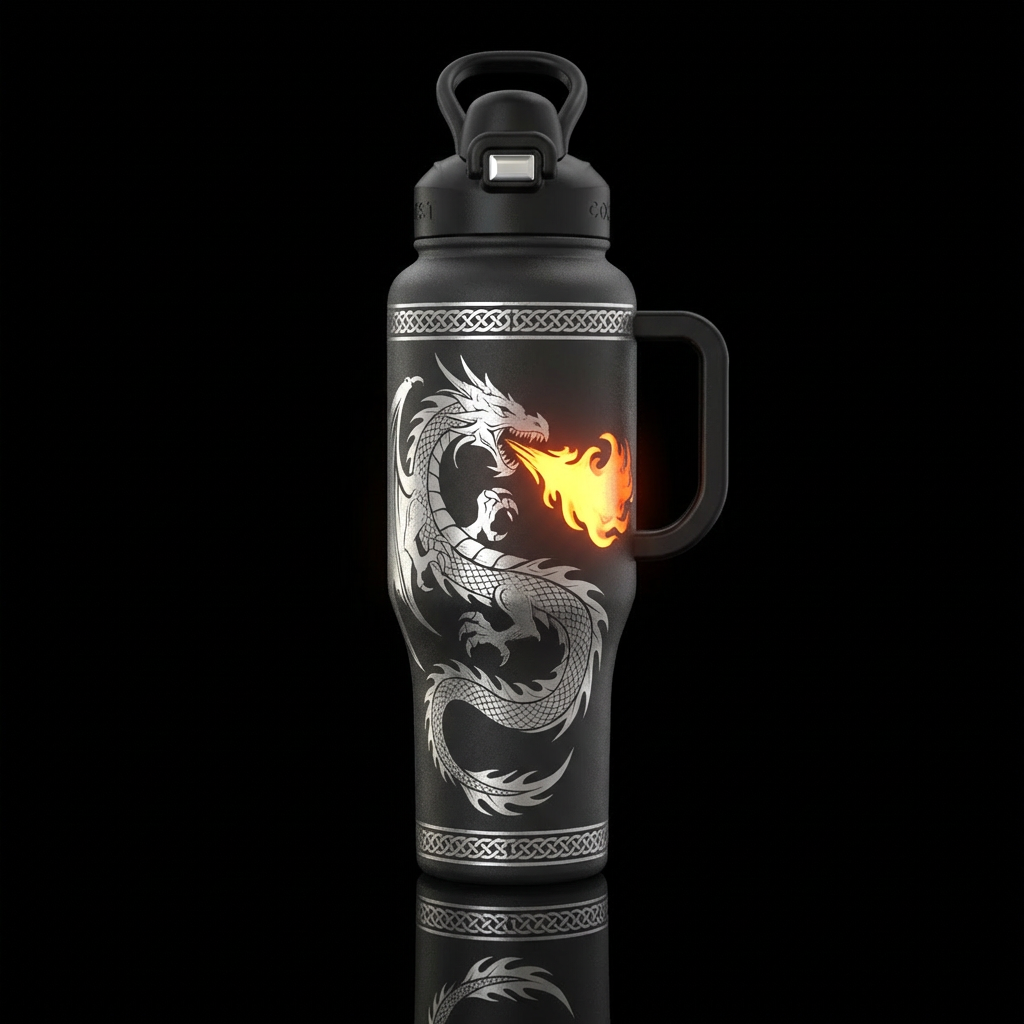 Black bottle, etched detailed silver dragon, glowy... water bottle design