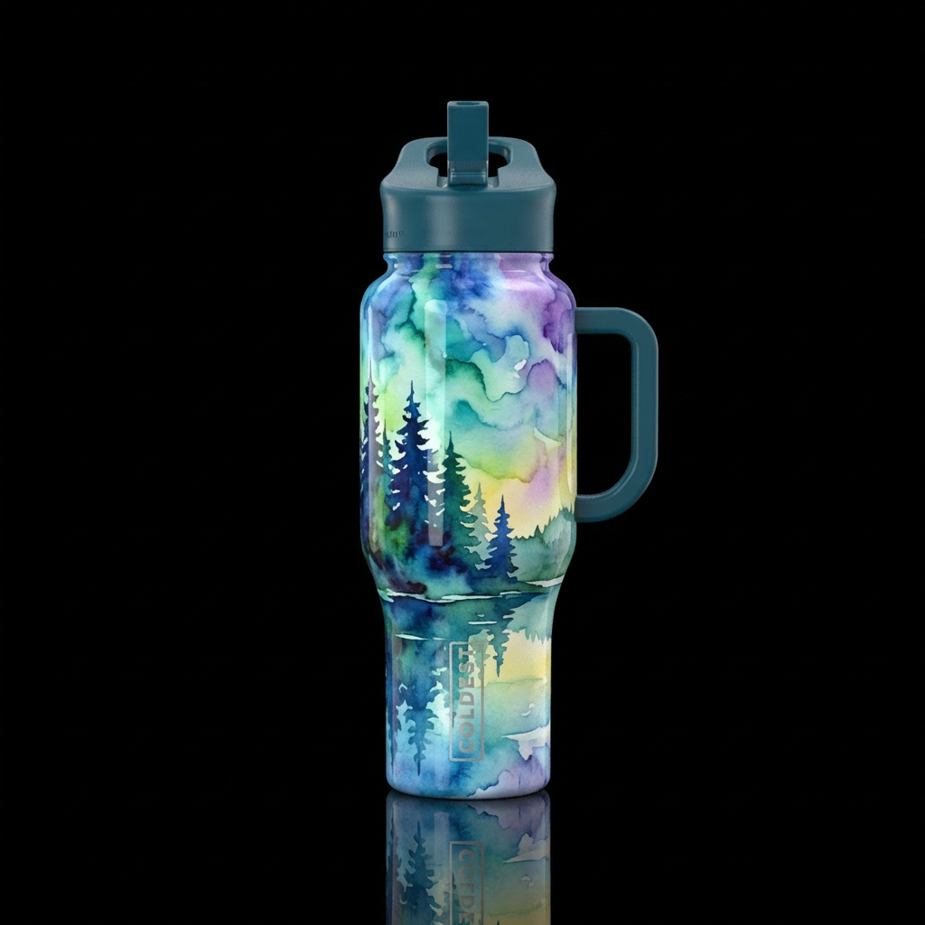abstract, watercolor, pine trees behind lake water bottle design