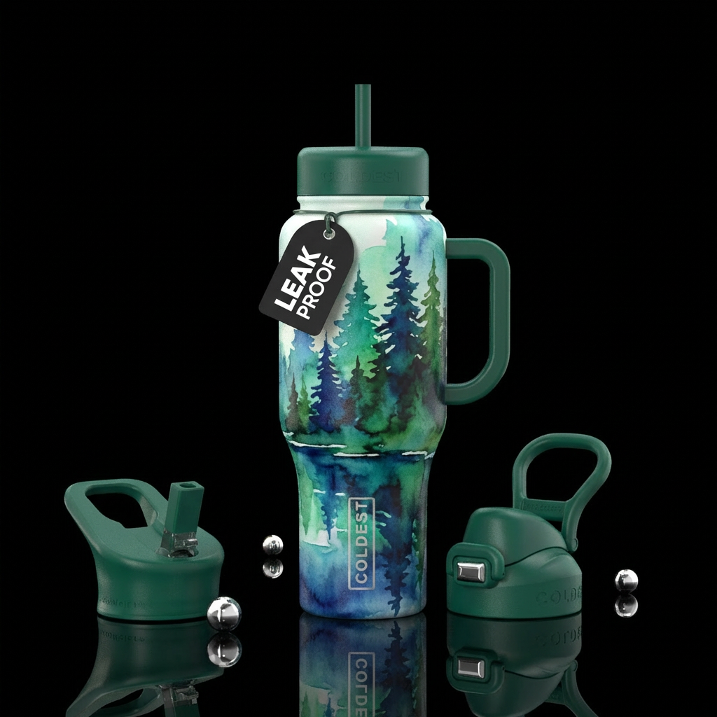 abstract, watercolor, pine trees behind lake water bottle design