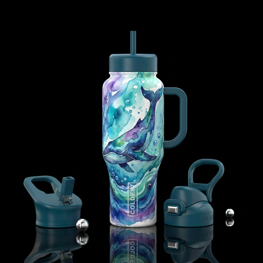 watercolor abstract whale in ocean water bottle design