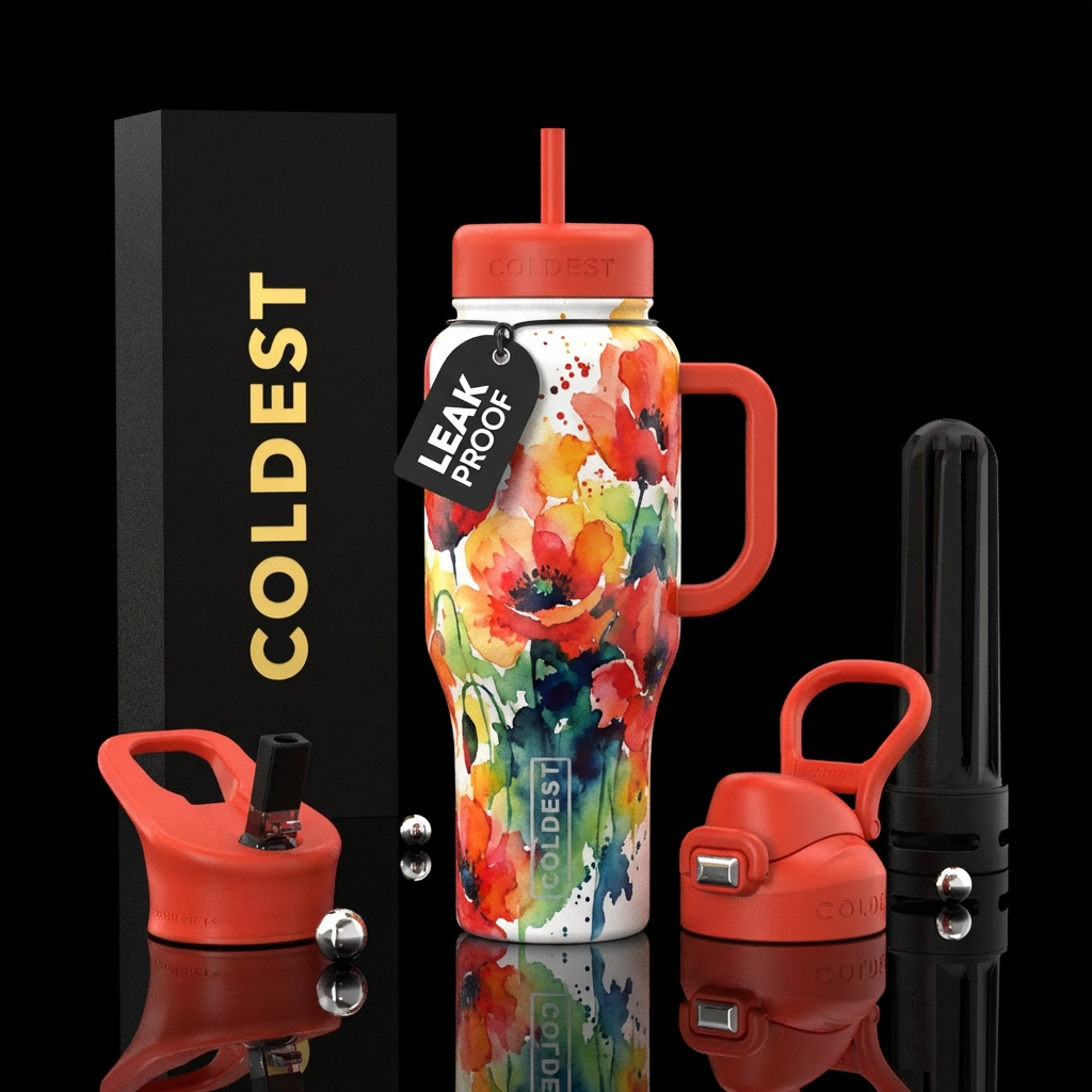 Vibrant abstract watercolor poppys water bottle design