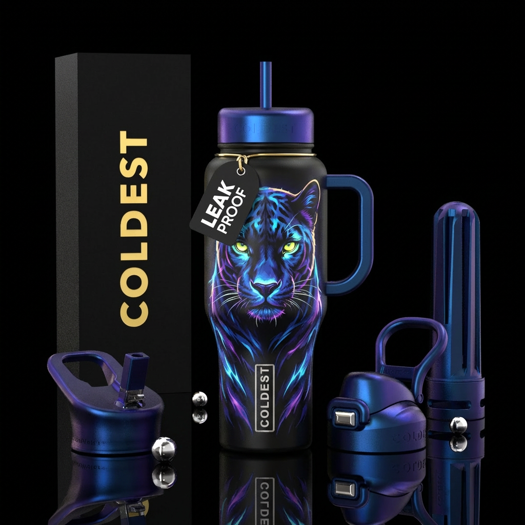 Black Panther cat with glow eyes water bottle design