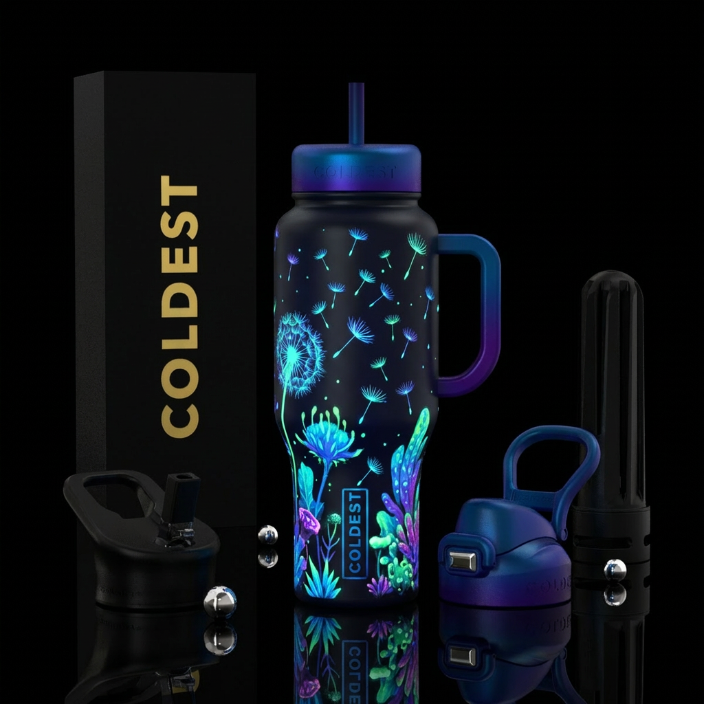 Bioluminescent plants  with some floating, glowing... water bottle design