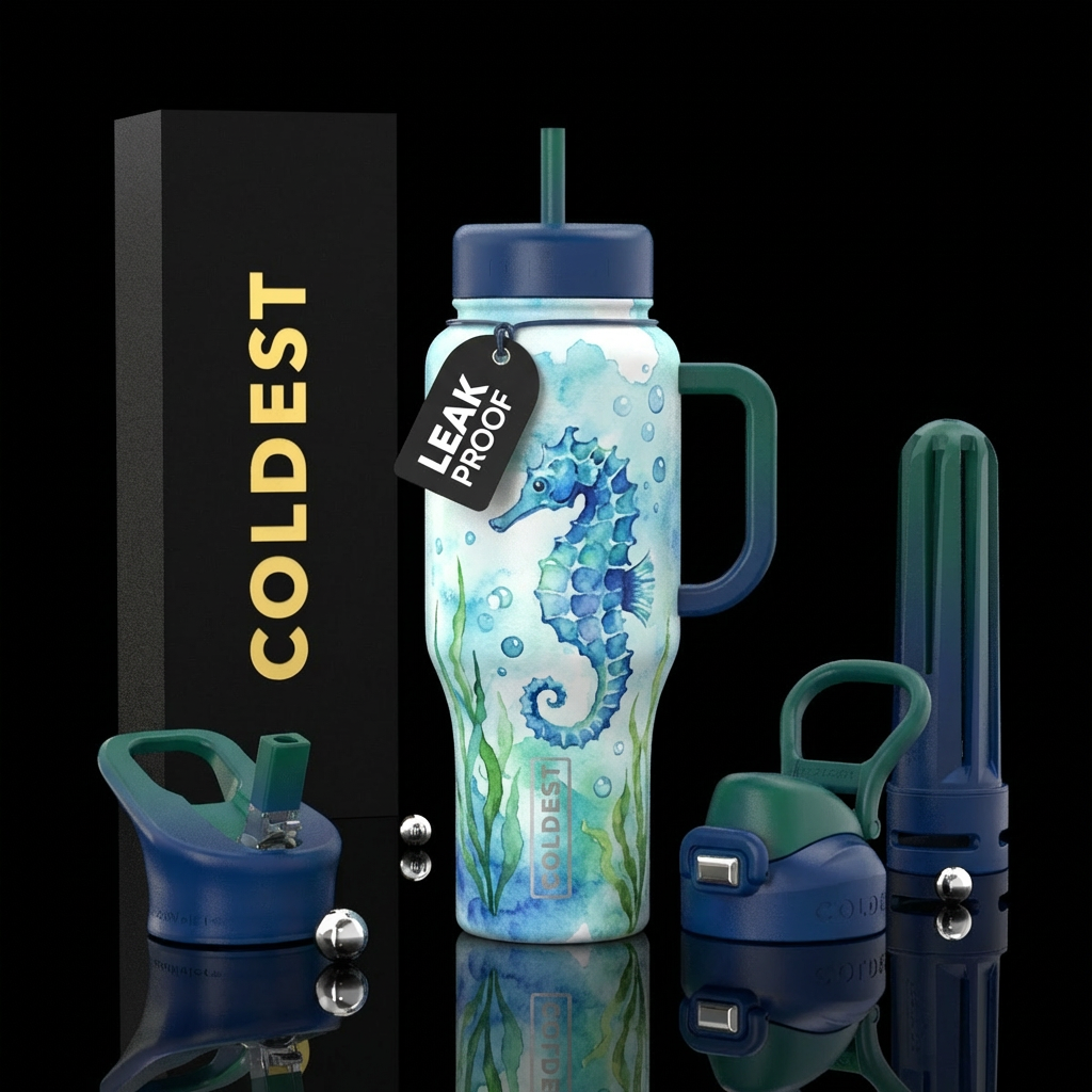 blue watercolor seahorse with green water plants a... water bottle design
