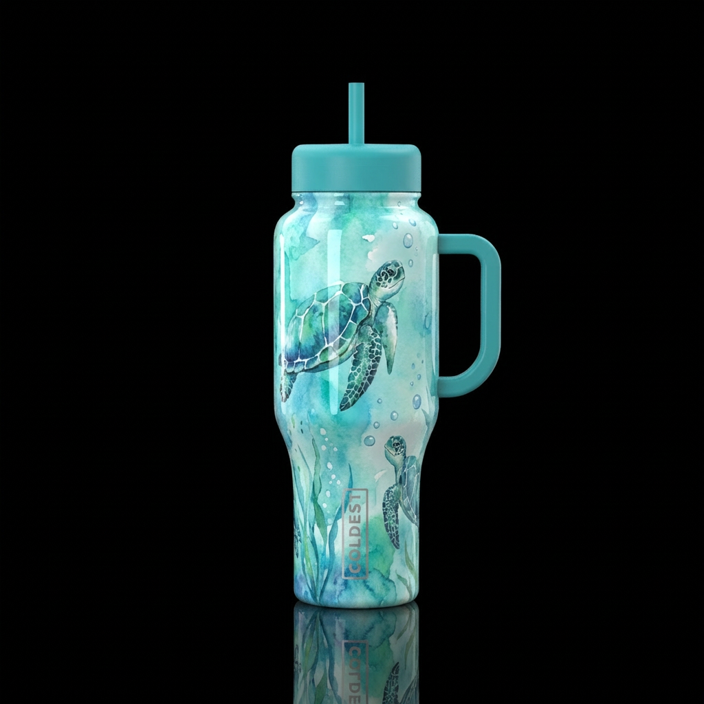Blue green watercolor sea turtle with plant life, ... water bottle design
