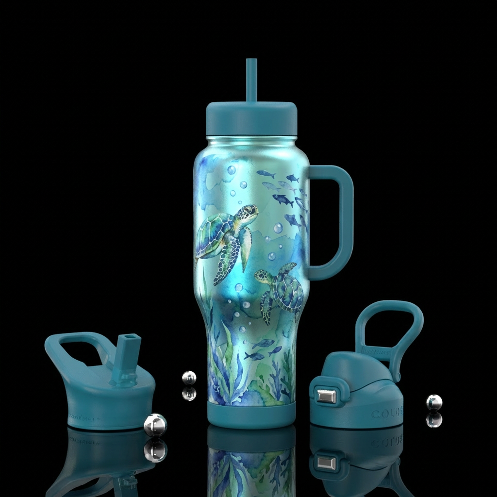 Blue green watercolor sea turtle with plant life, ... water bottle design