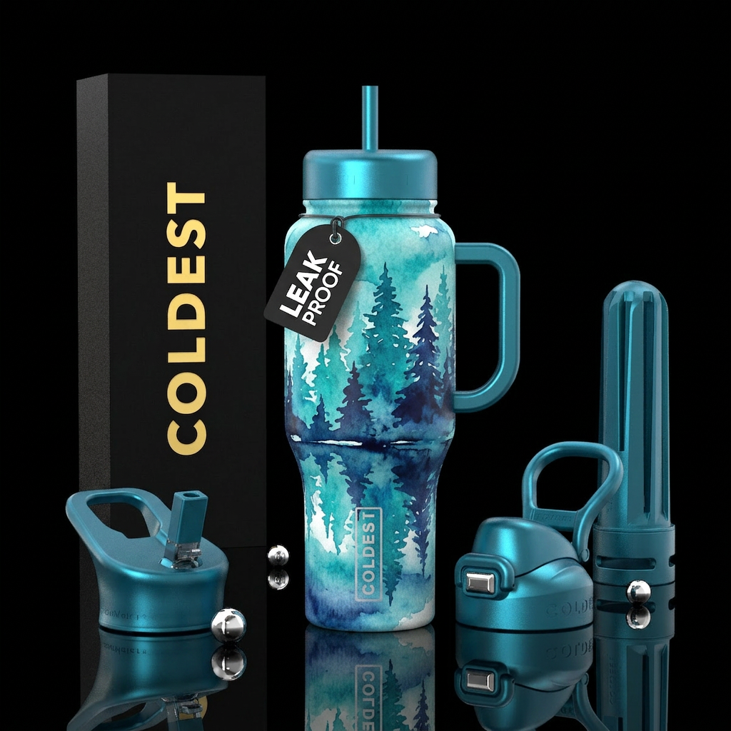 Pine Trees watercolor reflections in lake using te... water bottle design