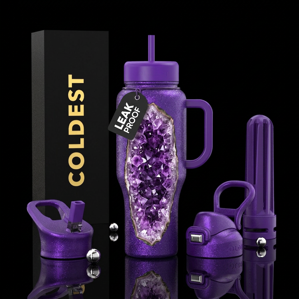 Purple glitter water bottle design