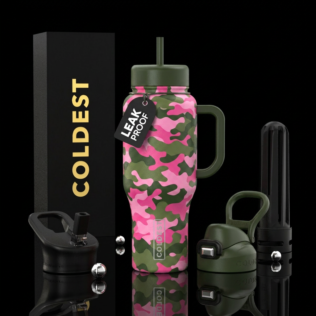 Shades of pink and army green camo water bottle design