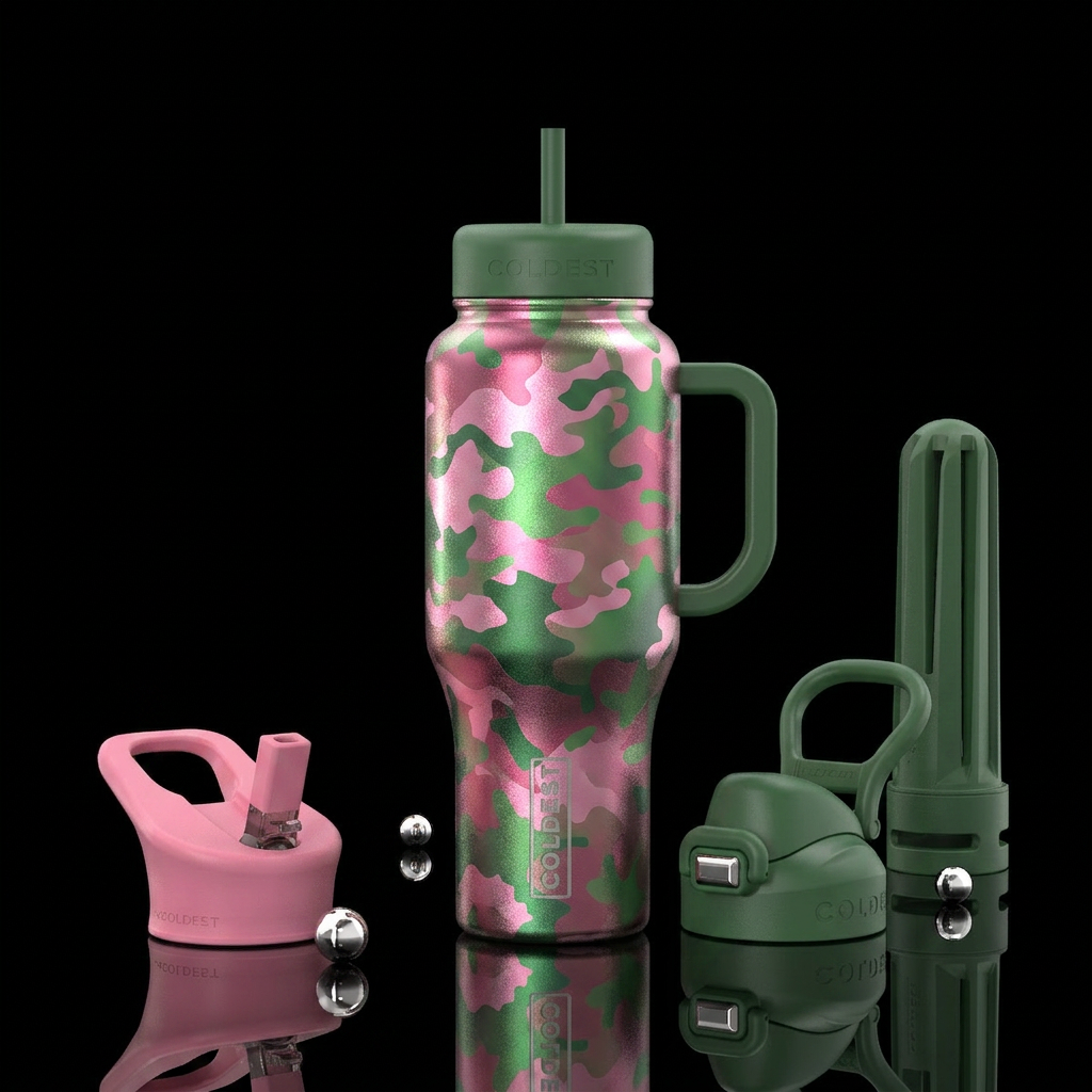 Metallic blended shade of pink and green camo water bottle design