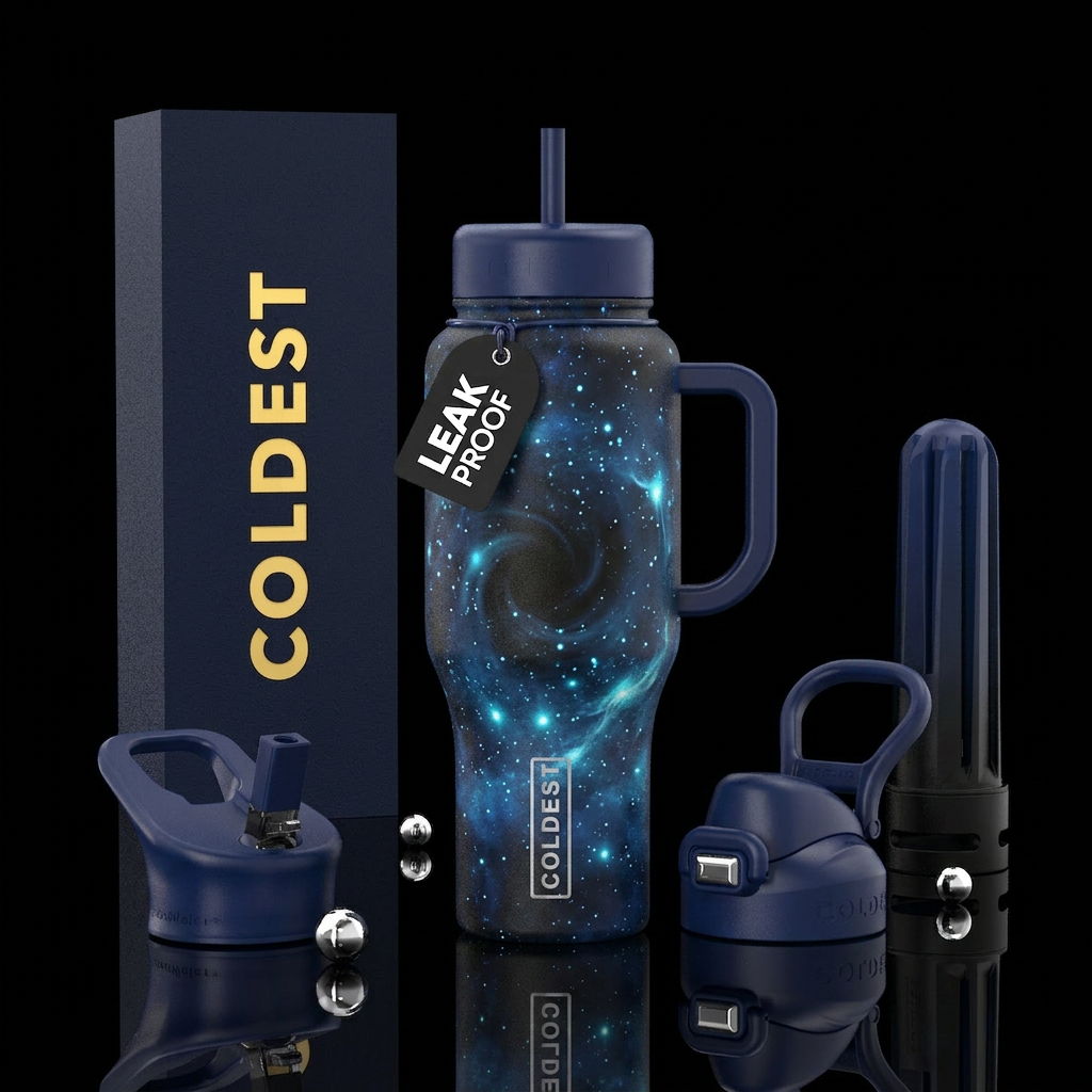 Cosmic galaxy shades of midnight blues and black h... water bottle design