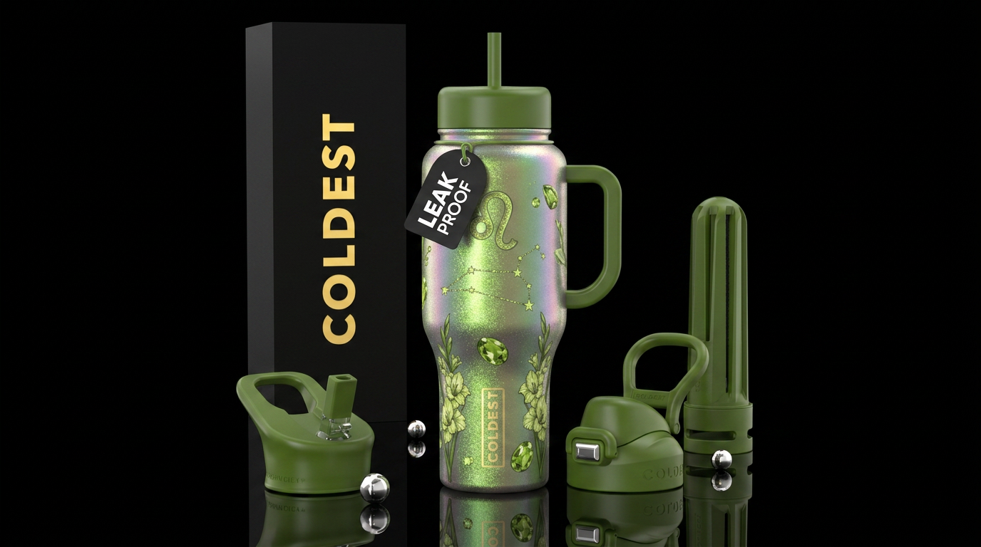 Irridescent peridot background color Leo zodiac sy... water bottle design
