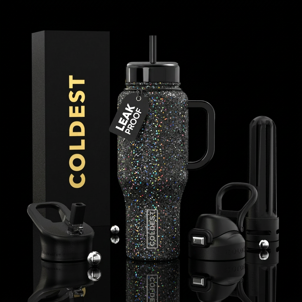 Black glitter background with tiny rainbow hologra... water bottle design