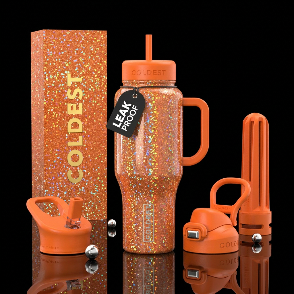 Orange background with micro holographic glitter water bottle design