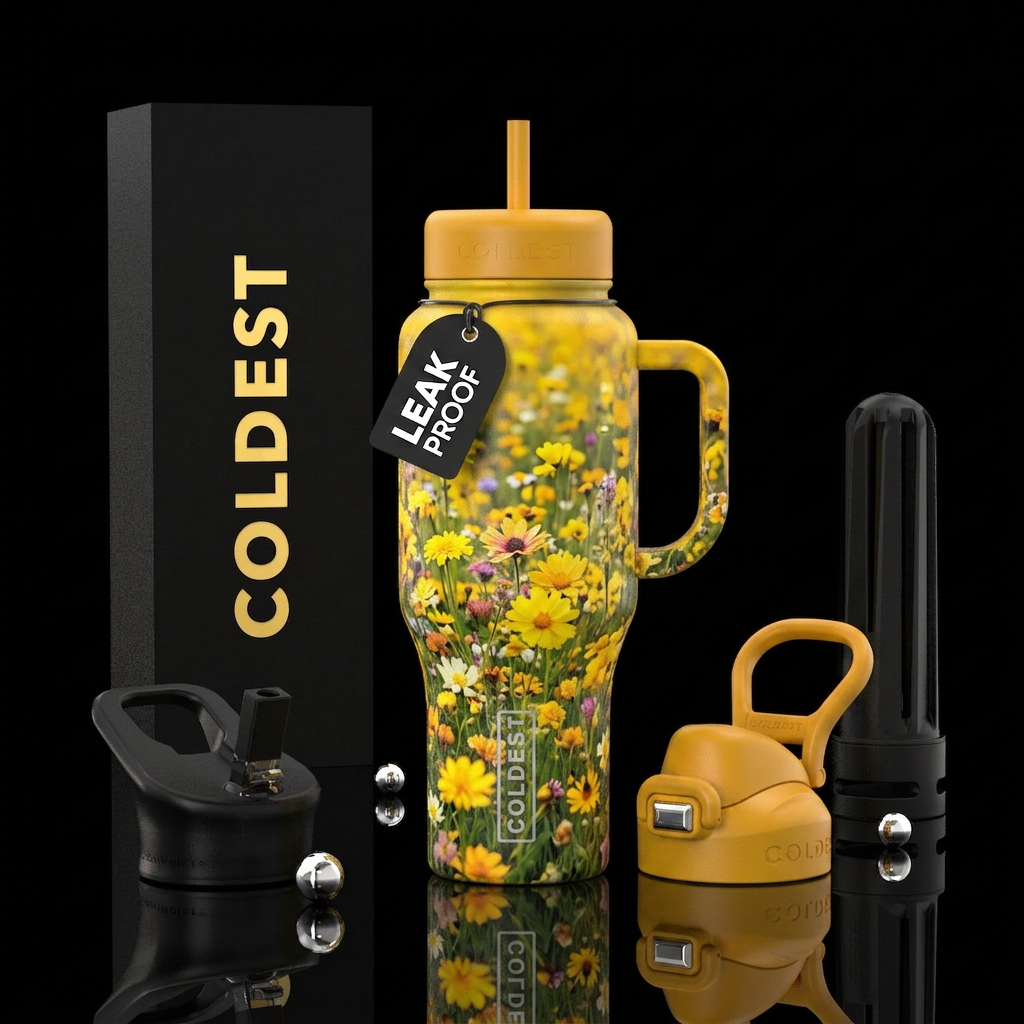 A field of assorted bright wildflowers on a sun sh... water bottle design
