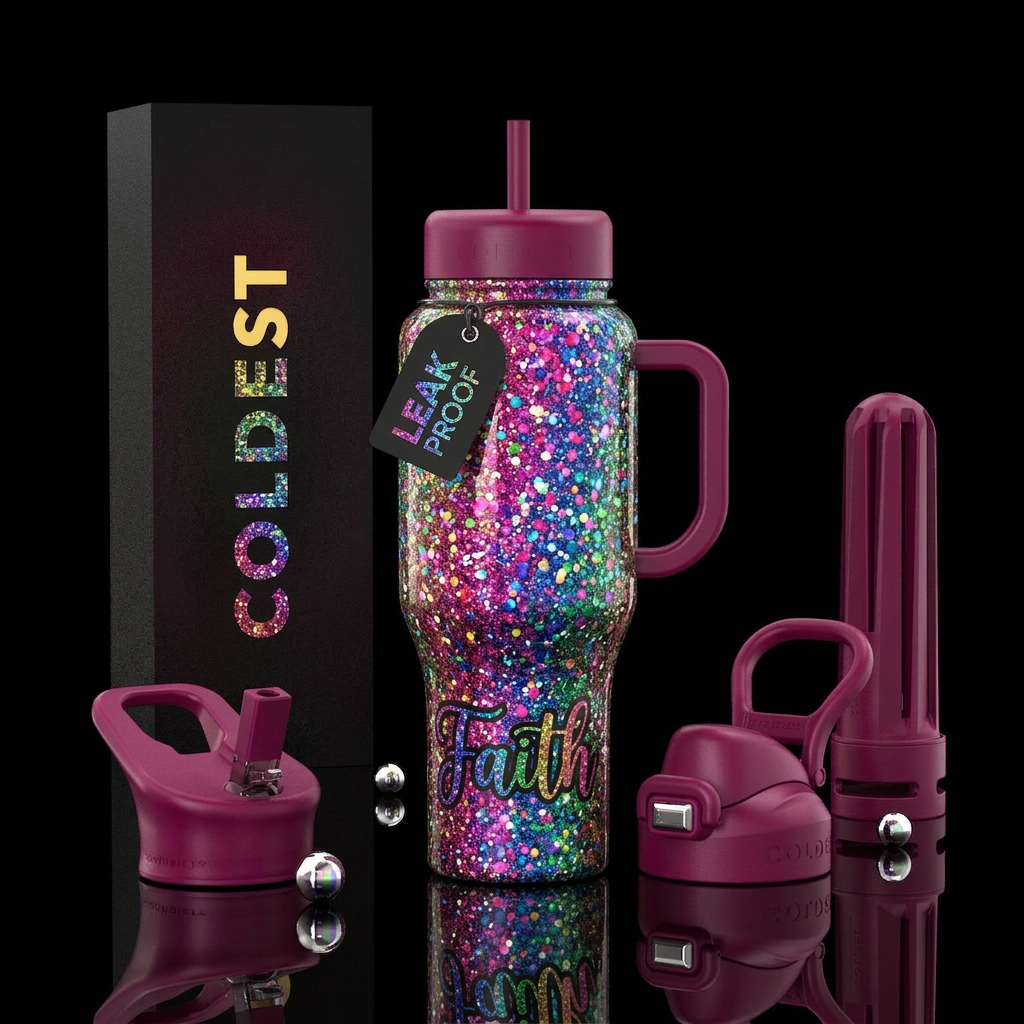 Faith colorful glittery water bottle design