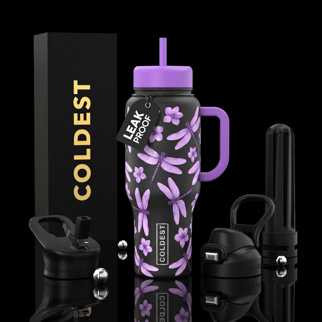 Light purple opaque dragonfly flowers water bottle design