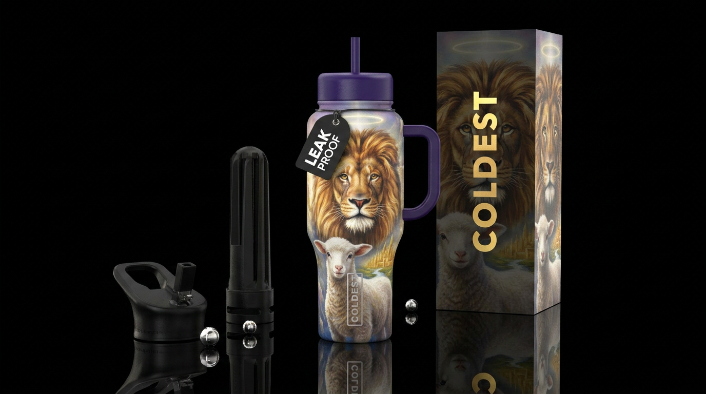 The Lion and the Lamb bold, colorful, realistic Ho... water bottle design