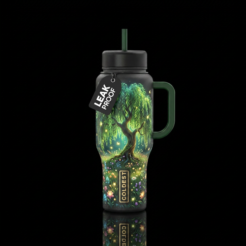 Weeping willow tree realistic meadow colorful vibr... water bottle design