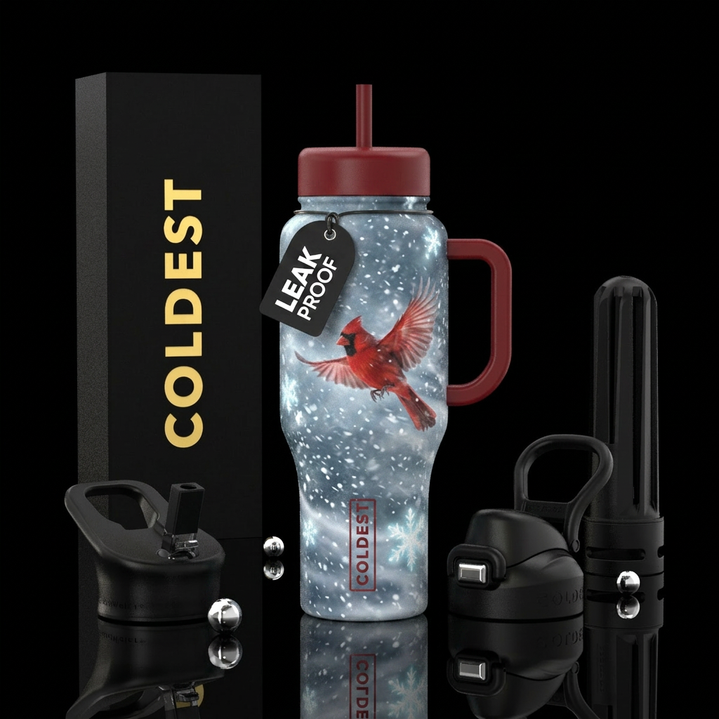 Winter snowstorm with Cardinal flying snow blowing... water bottle design