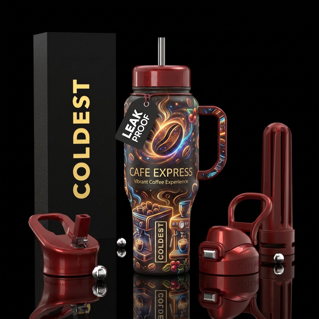 Cafe express, coffee, vibrant, glowie show all sid... water bottle design