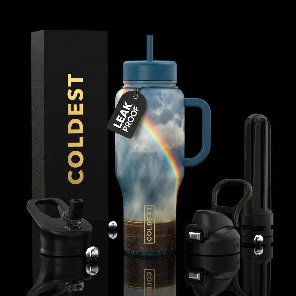 Rainbow in rainstorm realistic colorful all sides water bottle design