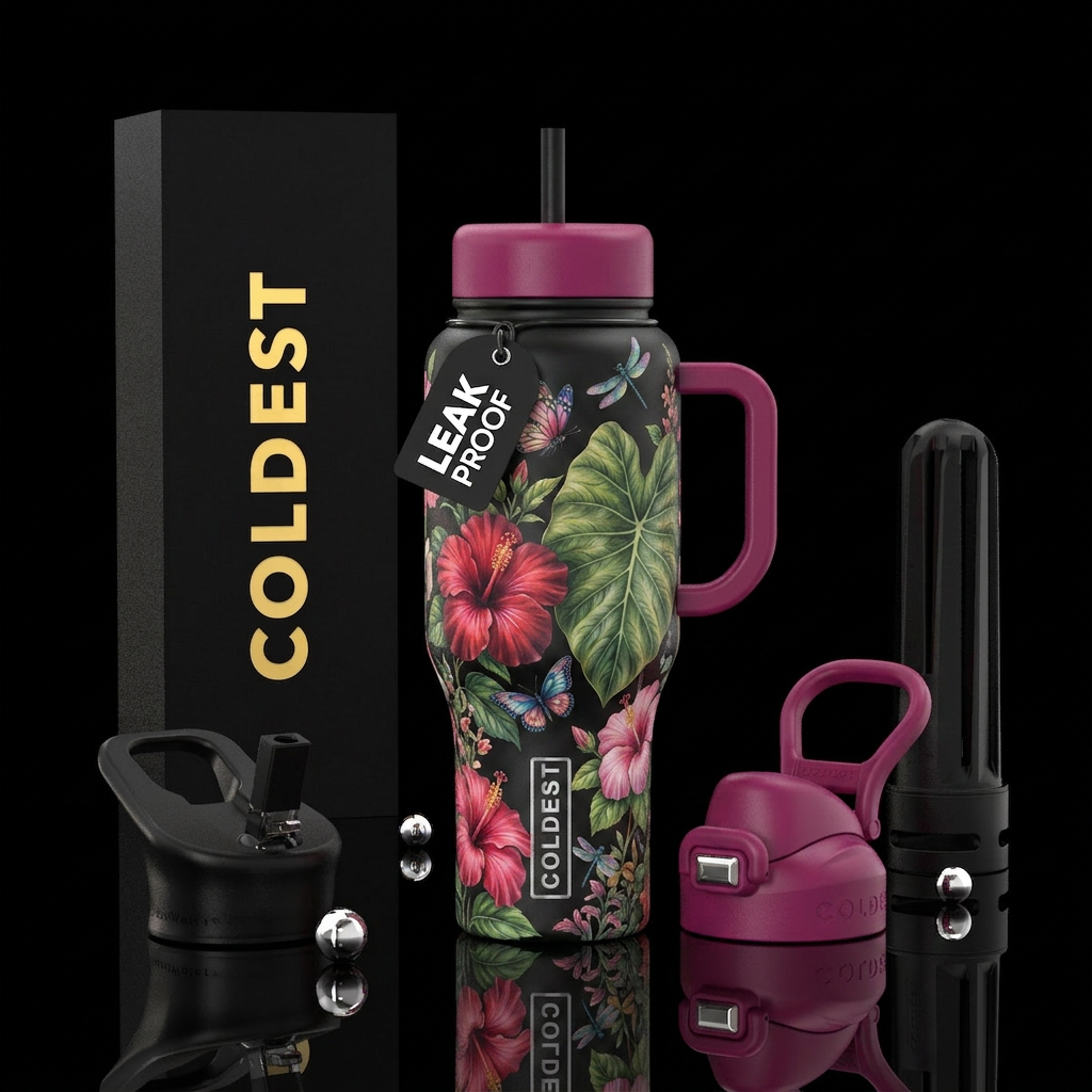 Flower Garden hibiscus elephant ear plant butterfl... water bottle design