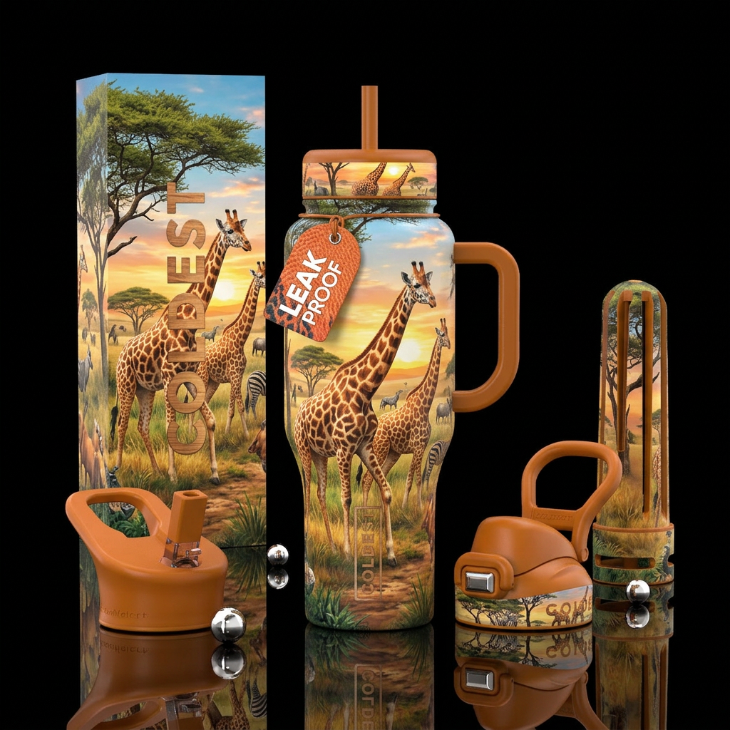 Giraffes in the wild, natural habitat surround des... water bottle design