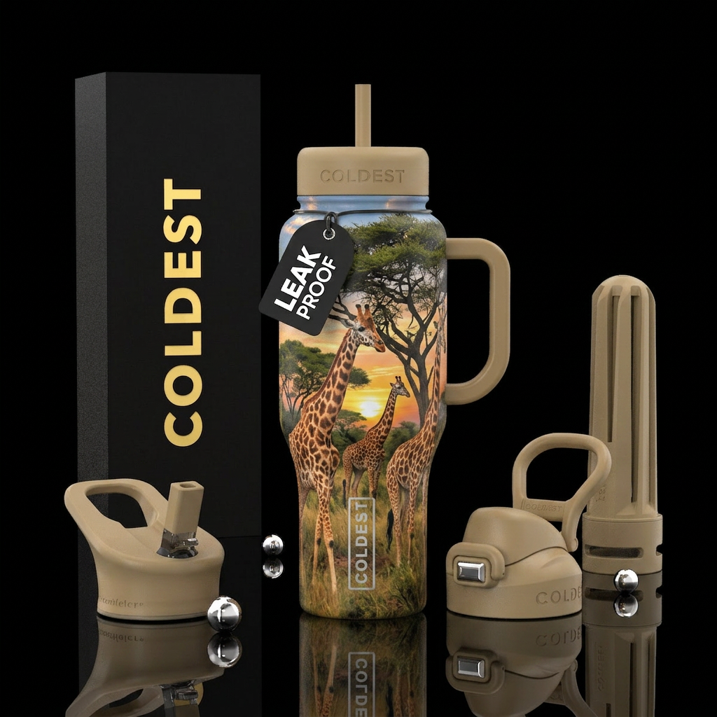 Giraffes in the wild, natural habitat surround des... water bottle design