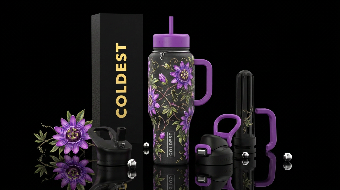 Vibrant purples passion flower overgrowth vines water bottle design