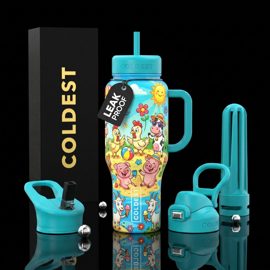 Chickens cows pigs goats cartoon summer fun kids v... water bottle design
