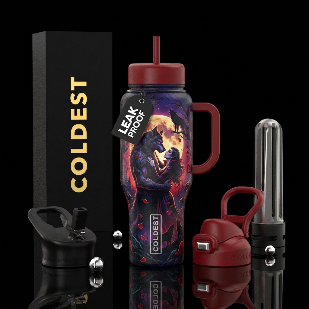 Werewolf and vampire love water bottle design