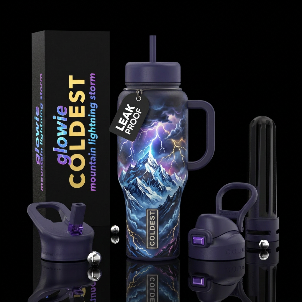 Glowie mountain lightening storm water bottle design